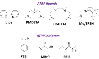 Figure 1-10. Examples of commonly used ligands and initiators in ATRP. 