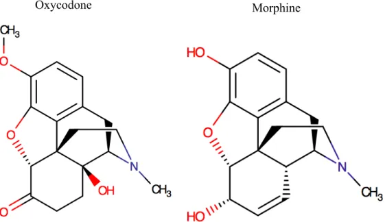 Figure 7: The chemical structures of oxycodone and morphine.  