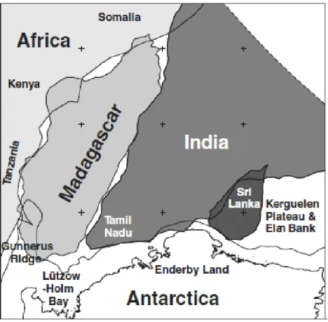 Fig.  4.  Position  approximative  de  Madagascar  dans  le  bloc  du  Gondwana-Est  au  Crétacé
