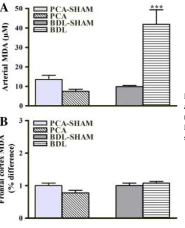 Fig. 2. Oxidative stress effects on lipids in rats with PCA  and BDL compared to respective sham-operated controls