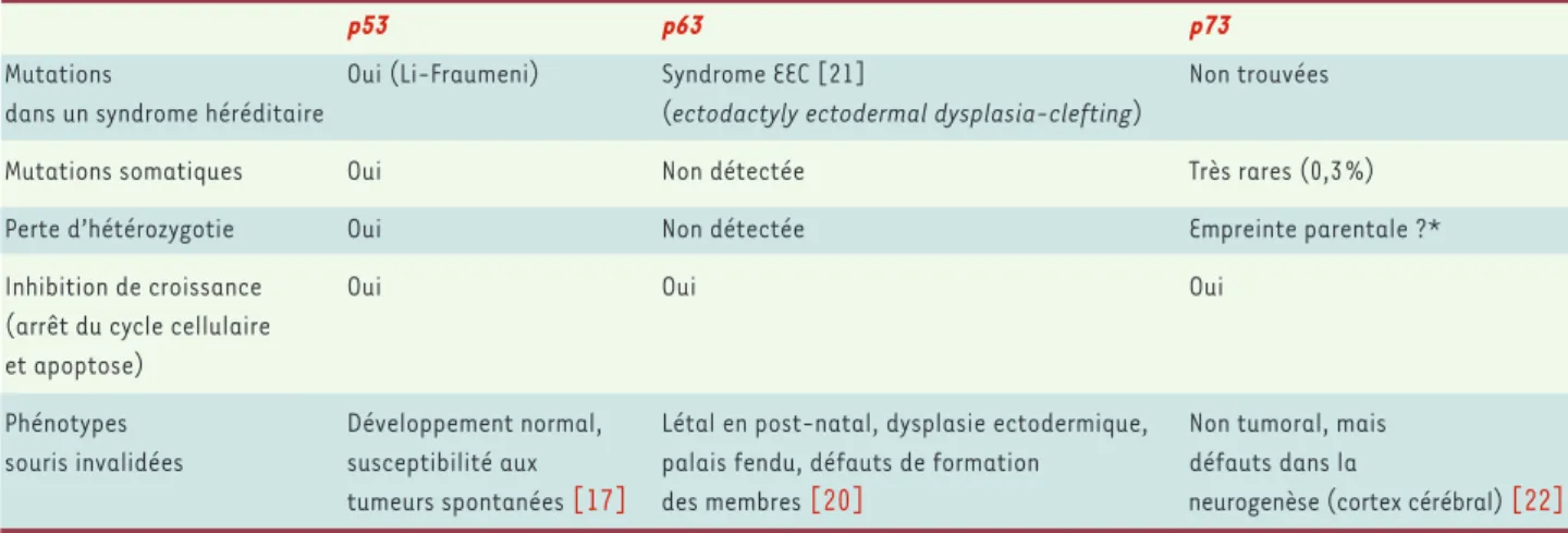 Tableau I. Membres de la famille p53 et leur implication comme suppresseurs de tumeurs.
