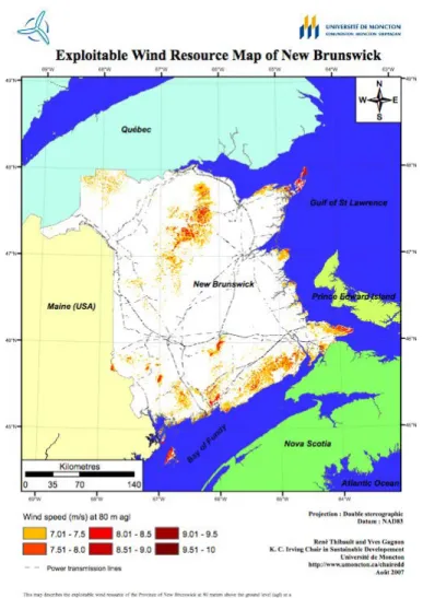 Figure 3 Technical power potential wind resource map of New Brunswick  at 80 m above ground level (Thibault and Gagnon, 2007)