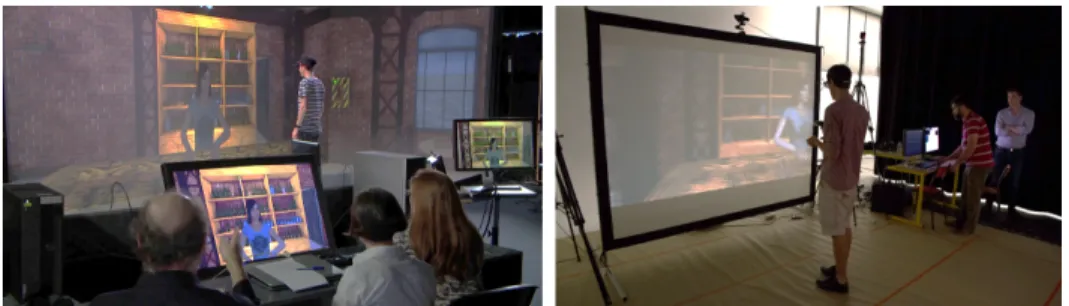 Figure 4: Our VR rehearsal sample environment running in a large-screen immersive room and on a portable projection screen: the actor rehearses the scene under the supervision of the technical team.