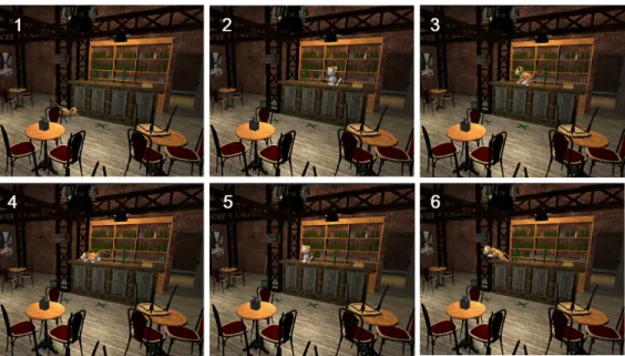 Figure 5: The scenario used for our experiment includes a virtual tiger with which the actor must interact: the 6 images show the key positions of the tiger during the scene.