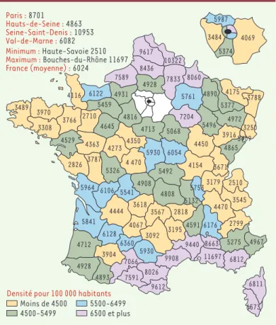 Figure  1.  Bénéficiaires  de  la  CMU  complémentaire  au  31  décembre  2002. Les chiffres  indiquent  le  nombre  de  bénéficiaires  de  la  CMU  complémentaire  par département.