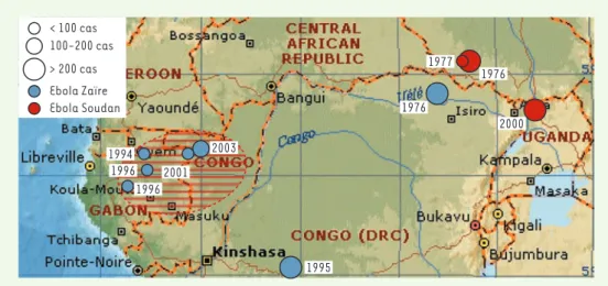 Figure  1. Historique  des  épidémies  de  FHVE  en  Afrique  Centrale. Les  différentes  épidémies  de  FHVE  (sous-types Zaïre et Soudan) survenues en Afrique Centrale sont figurées, ainsi que la zone où la circulation du virus Ebola a été démontrée chez