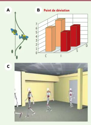 Figure 3.  A. Schéma illustrant la déviation de la trajectoire de marche (stratégie d’évitement) lorsque le sujet contourne un obstacle de forme humaine