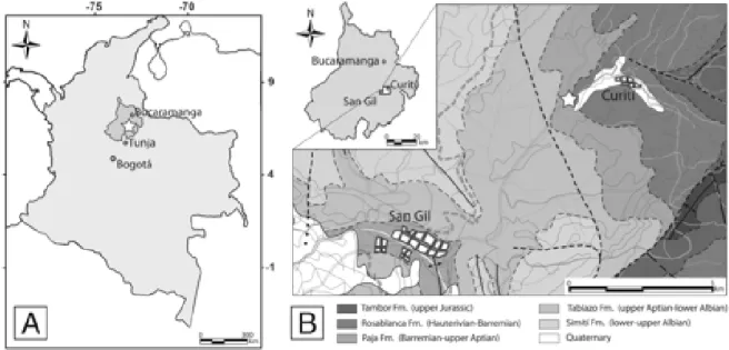 Figure 2.2. Locality maps.  A, generalized map of Colombia, South America, showing the location of the  study area (white star) in the Department of Santander, Cordillera Oriental, where Planocarcinus olssoni n