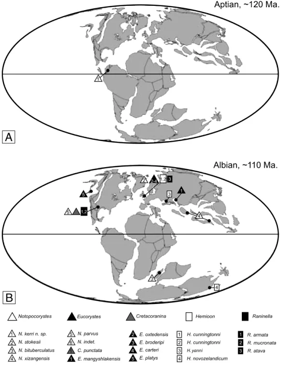 Figure 2.7. Paleobiogeographic distribution of the early Cretaceous raninoids with ‘raninid-like’ body plan,  longer than wide
