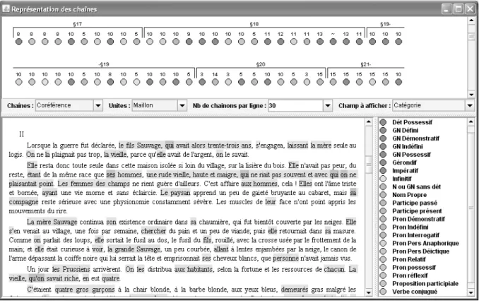 Figure  8.  Copie  d’écran  de l’interface d’A NALEC  : visualisation de l’ensemble des chaînes  de  référence de La mère Sauvage (Maupassant)