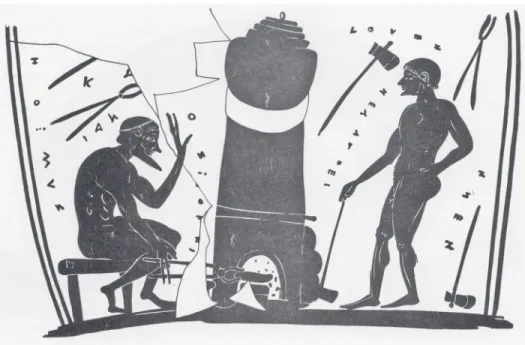 Fig. 4 – Oinochoe in the British Museum (about 500 – 475 B.C.) depicting a smith holding a lump of hot  metal either on an anvil or in the mouth of a furnace