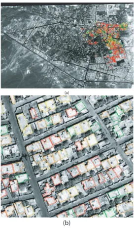 Fig. 1. QuickBird reference image (before the earthquake) of Bam. The buildings footprint of the corresponding reference database is overlaid