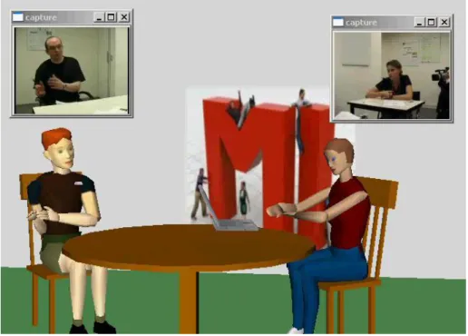 Fig.  5.  Real-time  motion  capture  using  a  single  camera  for  each  user  and  virtual  rendering