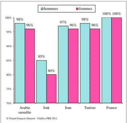 Fig. 8 - Le taux d’alphabétisation chez les 15-24 ans en Arabie Saoudite et dans différents pays.