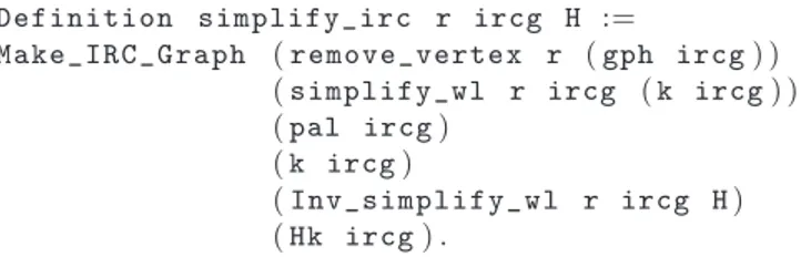 Fig. 3. Deﬁnition of the simplify_irc function. It takes a vertex r to simplify and an irc_graph as input and calls the function remove_vertex acting on a graph