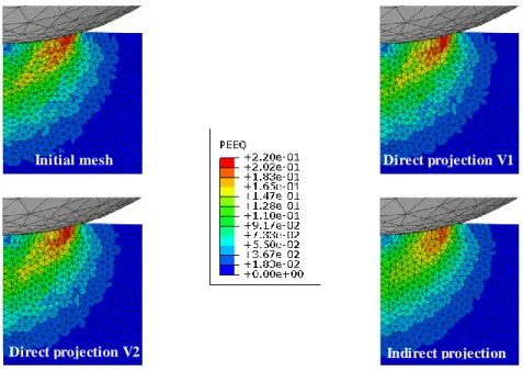 Figure  7  shows  the  distribution  of  the  total  plastic  deformation  (element  variable)  using  the  three  different  adaptive  strategies