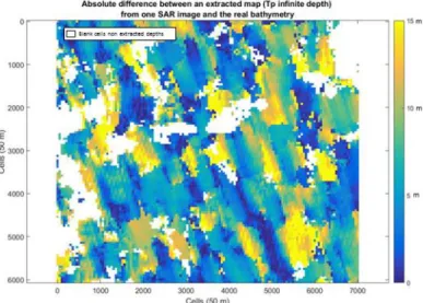 Figure 3. Absolute difference (m) between an extracted bathymetric map with the period estimation at “infinite depth” from only one  SAR image and the bathymetric map extracted from the SHOM database