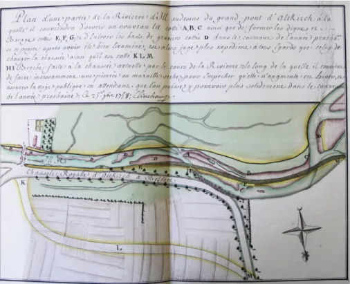 Fig. 8 : Plan de redressement de l’Ill à hauteur du pont d’Altkirch en 1758 (© ADHR, photo B. Furst).
