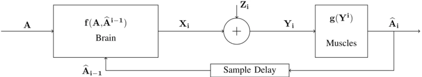 Fig. 4. Information-theoretic model for the aiming task, with initial distance A to the target at the end of the first phase; amplitude X i created by the brain at t= τ+iT; noisy version Y i of X i ; distance Ab i actually covered by the limb at t=τ +iT , 