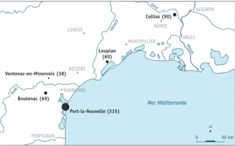 Figure 2 - Localisation des dépôts et nombre de monnaies par ensemble  (DAO : J.-C. Fossey, Centre Michel de Boüard-CRAHAM, UMR 6273).