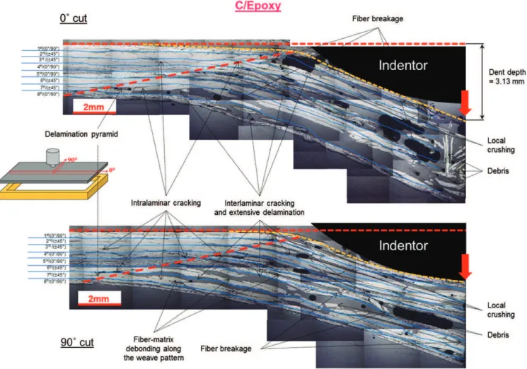 Fig. 11. Microscopic observations of C/epoxy specimens impacted at 17 J.