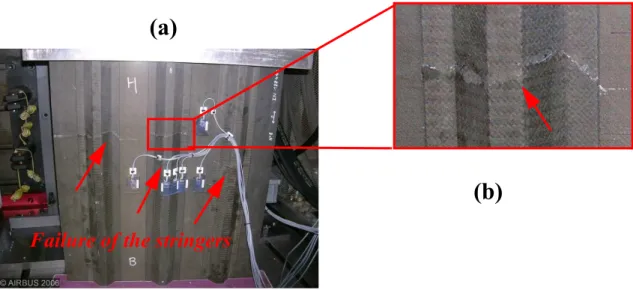 Figure 14: Failure mode in compression (a): global; (b): view of the stringer. 