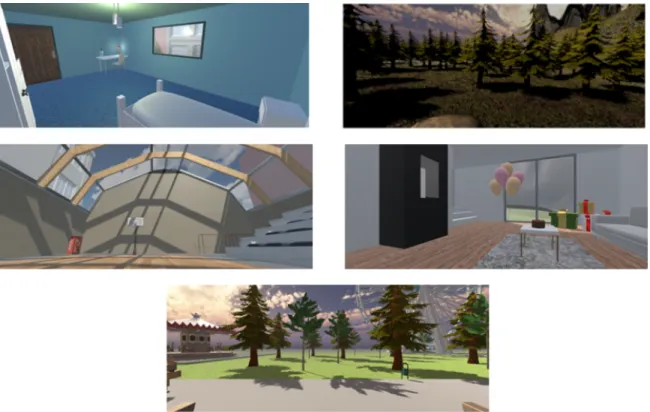 Fig. 2. Virtual Environments. The five environments representing lifespan scenes are displayed: bedroom, walk in the forest, gymhall, birthday party and amusement park.