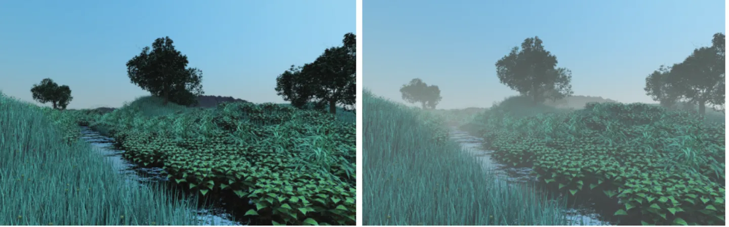 Figure 2.5 – Ecosystem scene rendered without (left) and with (right) participating media.