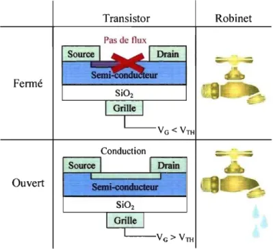 Tableau  1 : Analogie entre un transistor et un  robinet. 