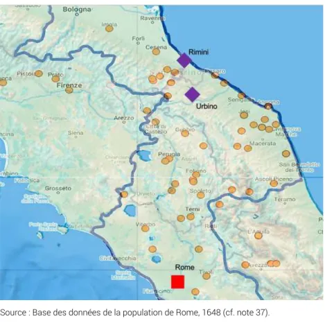 Figure 2 : Les lieux d’origine des vignerons (détail : les États pontificaux)