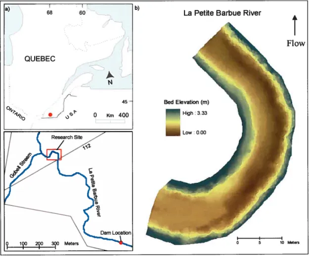 Figure 17: a) Location of study bend, b) Bed topography ofthe study reach.