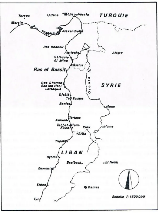 Figure 1 : Carte de la côte syro-libanaise (1 : 3 000 000) (Tirée de Courbin, 1986a, p.177) 