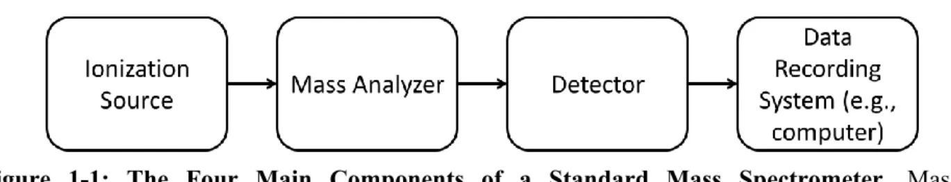 Figure  1-1:  The  Four  Main  Components  of  a  Standard  Mass  Spectrometer.  Mass  spectrometers are composed of four main components: an ionization source, a mass analyzer, a  detector and a data recording system