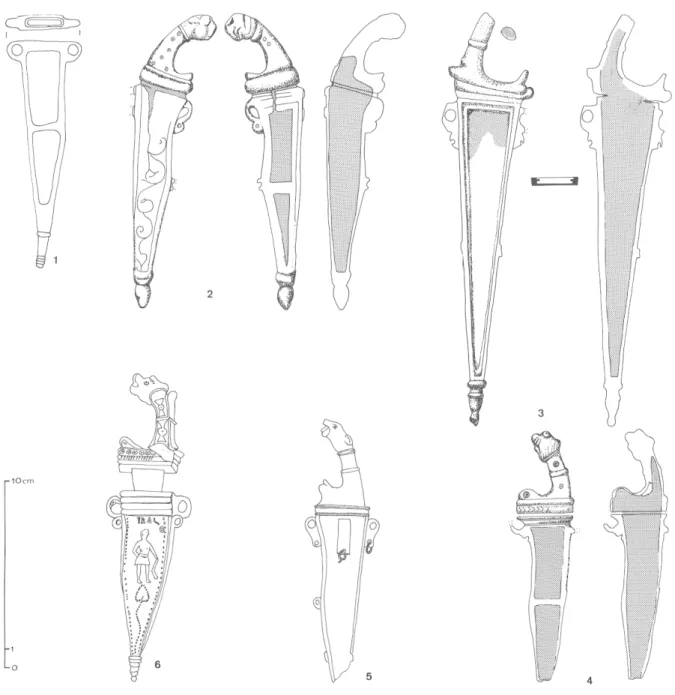 Fig. 5 — Coutelas miniaturisés de type C  1  et C  2.  Corrèze :  1, Affieux (inv.  1)