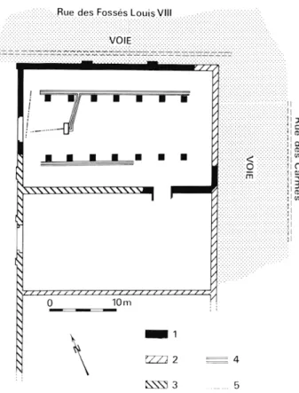 Fig.  1  —  Plan général  :  1,  structures relevées à  la  fouille;  2,  structures hypothétiques ;  3, structures relevées par Torcy ;  4, 
