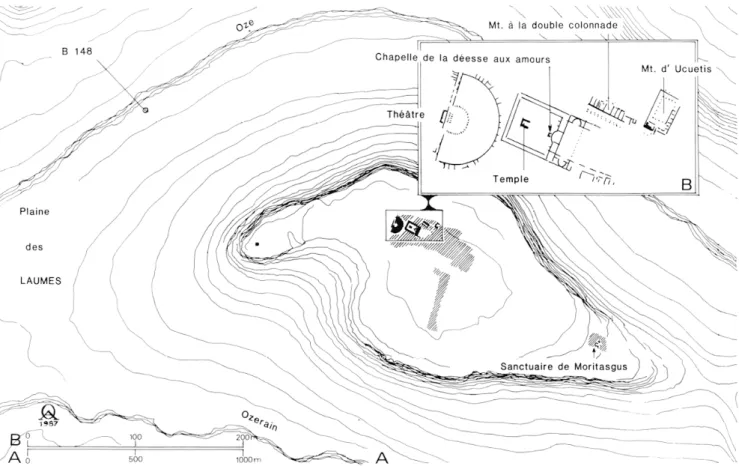 Fig. 2  —  A,  croquis de  localisation des  secteurs du  Mont-Auxois et  de la  plaine  des Laumes  où  ont été trouvées  les corniches ;  B,  secteur des  monuments