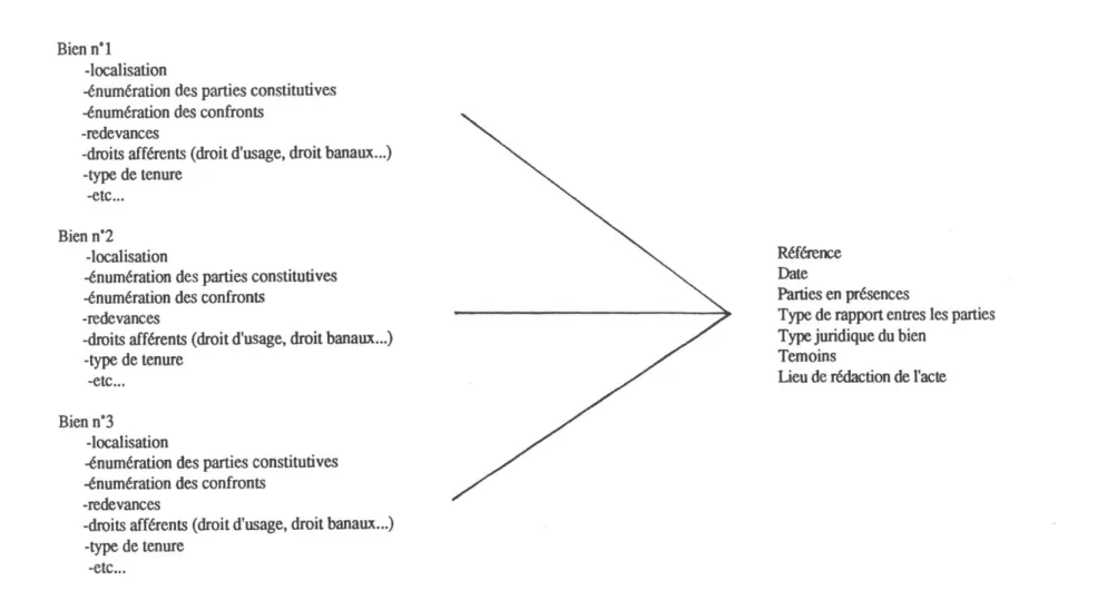 Figure 2 : le chaînage de fichiers sous TEXTO  Bien n*l  -localisation  -énumération  des parties constitutives  -énumération  des confronts 