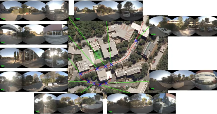 Fig. 7. Outdoor experiment in the INRIA campus with the spherical harmonics feature. Detected change-points are marked with blue crosses.