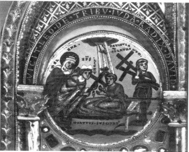 Fig.  9.  —  New York  (USA),  Pierpont  Morgan  Library,  triptyque  de  Stavelot :  découverte  de  la Vraie  Croix  par  sainte  Hélène  {The Stavelot  Triptych