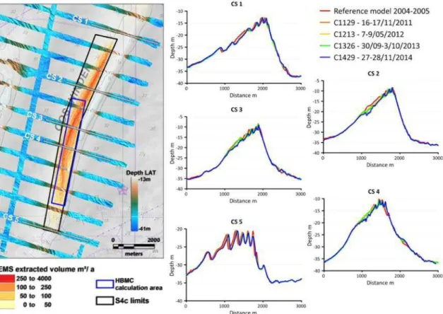 Figure 2. Bathymetric profiles on S4c Extraction Sector across the Oosthinder bank (crossection: average value  calculated on a corridor of 25 m on both sides of the central position of the profile)