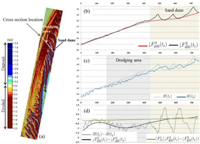 Figure 4.  (a) DTM of differences (DoD) between DBM#5 and DBM#4 and location of the cross section; (b)  Bathymetric and osculatory resulting profiles for the survey#4; (c) DBM#4 and DBM#5 cross sections; (d) Cross  sections in DoD between DBM#5 and DBM#4 a