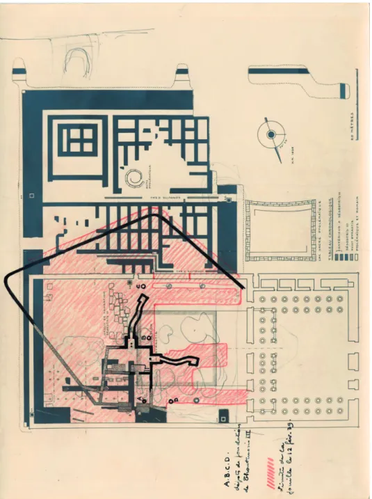 Fig. 9 : Plan des fouilles en janvier 1938 montrant la disposition des dépôts de fondation par rapport  aux plates-formes de fondation et conservé aux archives de l’Ifao (© Ifao – Ms_2004_2028)