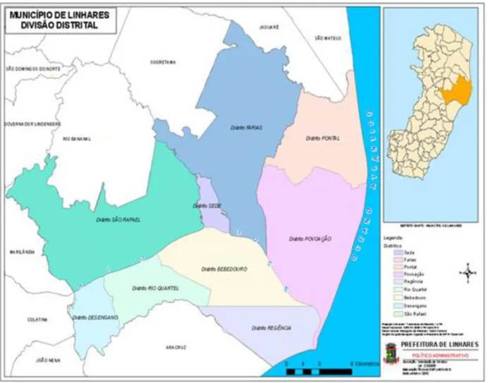 Figura 2 - Mapa com a divisão distrital do município de Linhares-ES.  