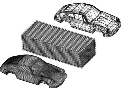 Fig. 1: Given an input mesh T (top, 2065 vertices and 4114 facets) and a control mesh (898 vertices and 896 quads) in an initial position (center), VSDM minimizes the squared distance between T and the polynomial surface S defined by the control mesh