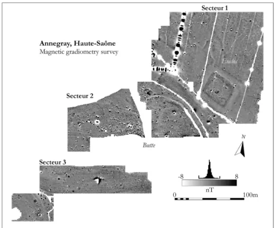 Fig. 3 – Annegray, magnétogramme des trois secteurs prospectés (R. Schot, université de Galway, 2010).