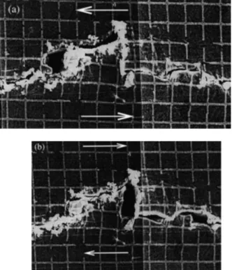 Fig. 7 Typical aspects of fracture surfaces. (a) ‘Furrows’ on the Fig. 6 Contact of crack flanks at asperities under shear loading