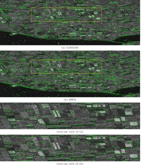 Fig. 10: Line segment detection using LSDSAR (a) and IEFA (b) over a 1-look Sentinel 1 SAR image (Leystad).