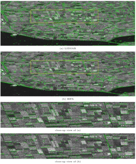 Fig. 12: Line segment detection using LSDSAR (a) and IEFA (b) over a 3-look Sentinel 1 SAR image (Leystad).