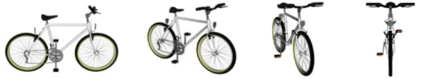 Figure 1: Different views of a 3D object representing a bicycle. The first (profile) and the last (front) views are completely  different in terms of 2D shape, but can be related if the 3D model is available
