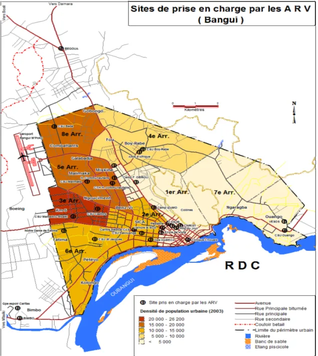 Figure   3:   Cartographie   des   sites   de   prise   en   charge   à   Bangui   et   densité   de   la   population    